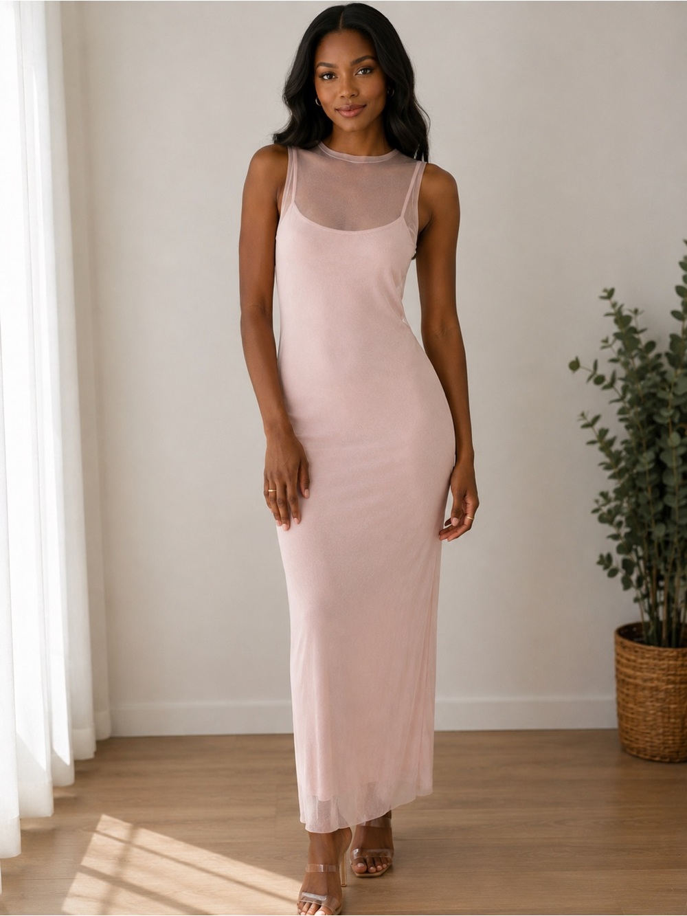 Sleeveless Light Pink Maxi Dress with Sheer Overlay